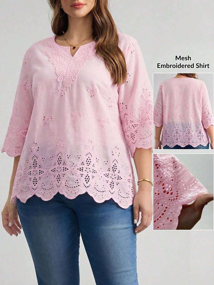 Blusa de verano de talla grande, de unicolor, hueca, bordada, casual, para vacaciones, temporada de bodas, nuevo diseño de playa para mujer - Rosa - Ver 1