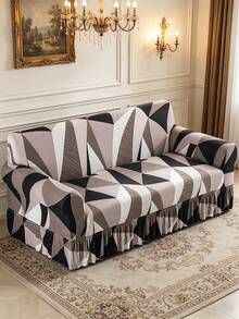 1 pieza Funda elástica para sofá con patrón geométrico y dobladillo con volantes, protector de muebles suave & cómodo con estampado, disponible en múltiples tamaños - Marrón - Ver 5
