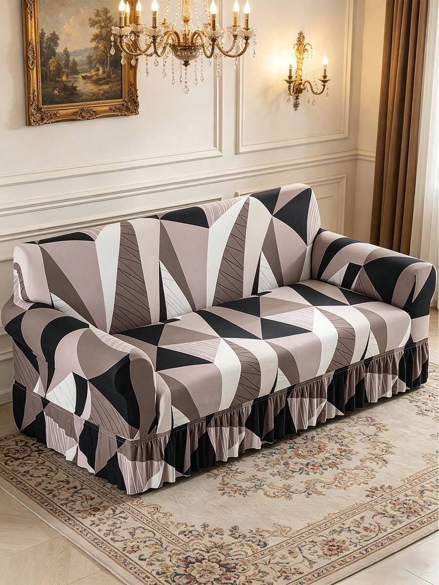 1pc Geometric Pattern Elastic Sofa Cover With Ruffled Hem, Soft & Comfortable Printed Furniture Protector, Multiple Sizes Available - Brown - View 1