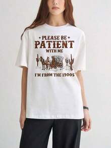 Women's Short-Sleeved T-Shirts With Interesting Prints, Beautiful Clothing. White Cotton T-Shirt With A 1900s Western Wagon And Cactus Print. Casual Everyday Wear. Please Bear With Me, I'm From The 20th Century. - 白色 - 查看 1