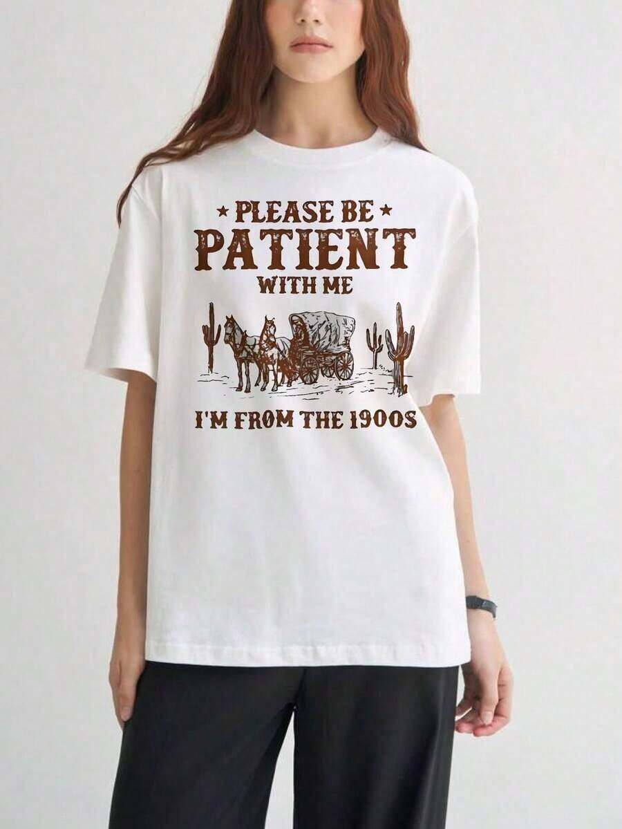 Women's Short-Sleeved T-Shirts With Interesting Prints, Beautiful Clothing. White Cotton T-Shirt With A 1900s Western Wagon And Cactus Print. Casual Everyday Wear. Please Bear With Me, I'm From The 20th Century. - 白色 - 查看 1