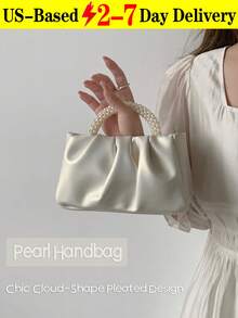 Mini Solid Color Women Pleated Handbag, Women Solid Color Cloud & Crescent Shoulder Bag , New Year, Cream Bag, Beaded Faux Faux Pearl Evening Handbag, Mini Cocktail Party Clutch, Elegant Wedding Party Clutch. - trắng - Xem 9