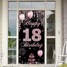 1 pièce Bannière d'anniversaire de 18 ans "Happy 18th Birthday" noire et or rose étincelante avec diamants, en matériau polyester, avec rideau de perles, éléments de gâteau et de feux d'artifice, convient pour les cérémonies de style luxe léger pour adultes, décorations de fête d'anniversaire, décors de fond photographique, décorations de cour, décorations de fête, etc. - A - Voir 2