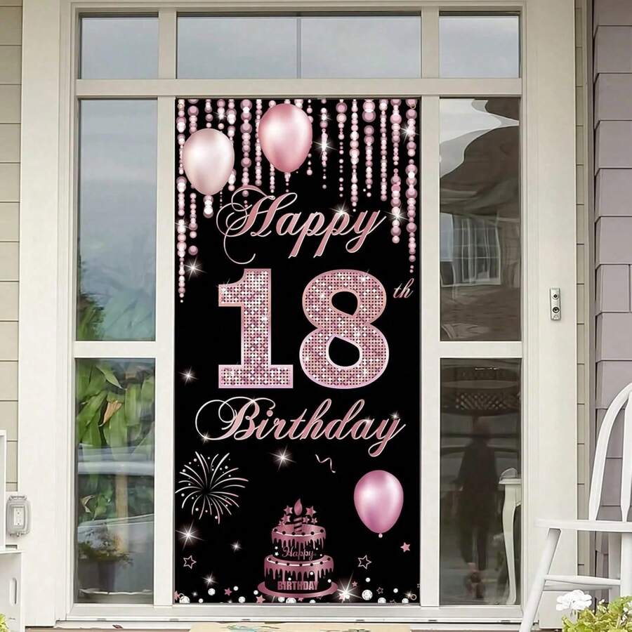 1 pièce Bannière d'anniversaire de 18 ans "Happy 18th Birthday" noire et or rose étincelante avec diamants, en matériau polyester, avec rideau de perles, éléments de gâteau et de feux d'artifice, convient pour les cérémonies de style luxe léger pour adultes, décorations de fête d'anniversaire, décors de fond photographique, décorations de cour, décorations de fête, etc.