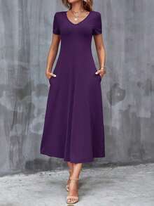 Vestido unicolor con bolsillo oculto escote V - Morado - Ver 3