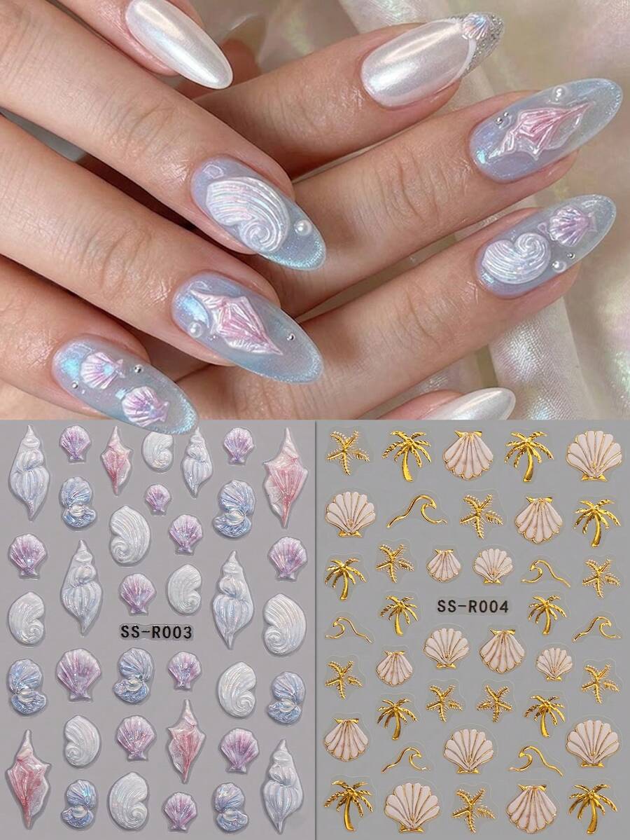 2片装 5D浮雕极光幻彩贝壳金箔棕榈树美甲贴纸 - 3D珍珠质感海洋主题美甲贴花 - 夏季/度假/婚礼/音乐节 DIY装饰贴纸