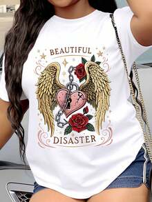 Beautiful Disaster Heart Wings And Roses Graphic T Shirt For Women Casual Wear For Everyday Activities And Outdoor Adventures - trắng - Xem 1