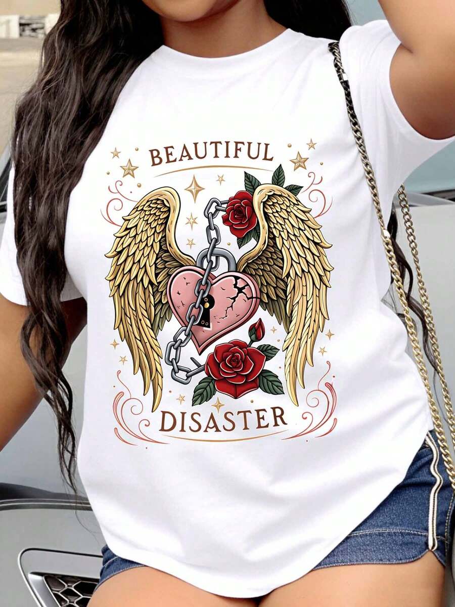 Beautiful Disaster Heart Wings And Roses Graphic T Shirt For Women Casual Wear For Everyday Activities And Outdoor Adventures - trắng - Xem 1