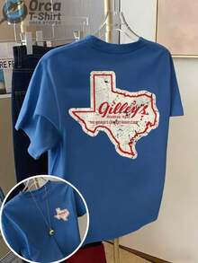 Camiseta de manga corta de estilo casual vintage, con estampado en la parte delantera y trasera, que presenta un mapa de Texas y el diseño de la palabra "Gilley's", adecuada para el uso diario en verano, ideal como regalo para parejas y amigos. - Azul - Ver 12
