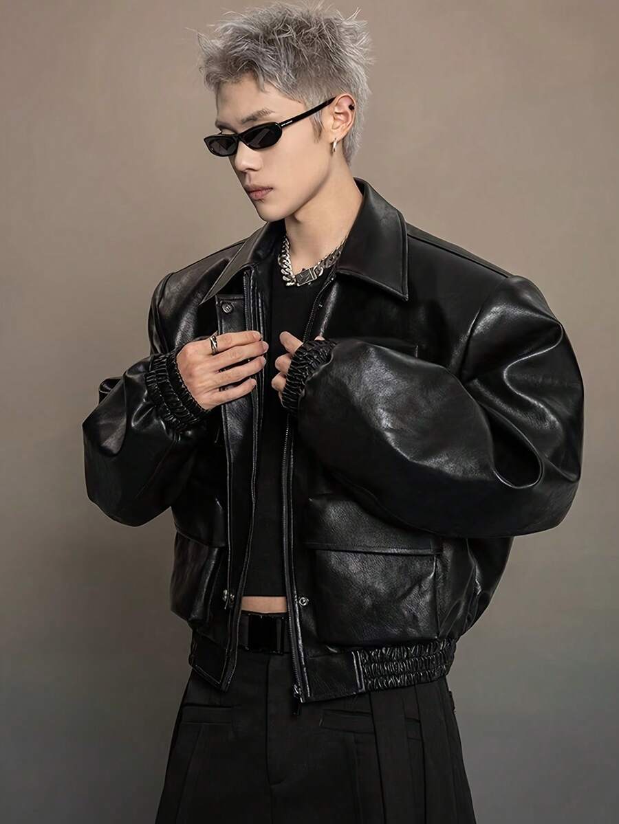 Stylish Men's Short Faux Leather Jacket With Ample Pockets. - Black - View 1