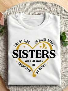Camiseta blanca de manga corta para mujer con estampado de corazones de hermanas, cuello redondo, camiseta casual de algodón, tejido de punto de elasticidad media, corte regular para damas, para primavera/verano/otoño. - Blanco - Ver 1