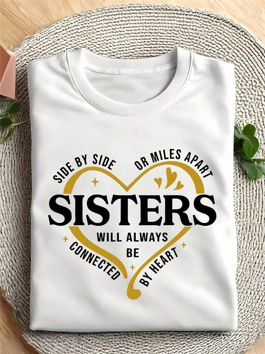 Camiseta blanca de manga corta para mujer con estampado de corazones de hermanas, cuello redondo, camiseta casual de algodón, tejido de punto de elasticidad media, corte regular para damas, para primavera/verano/otoño. - Blanco - Ver 1