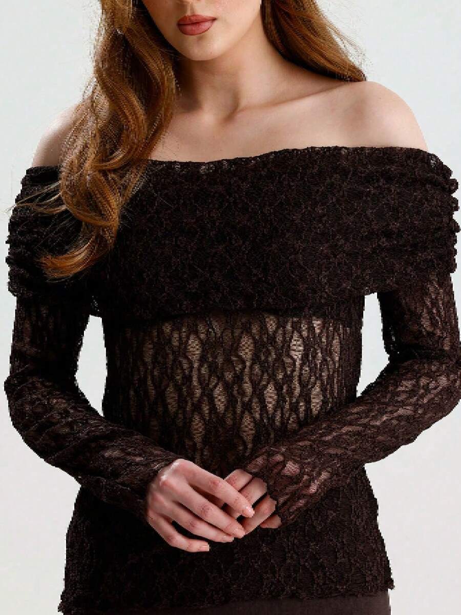 RoseArya Bardot Neck Lace Sheer Blouse - Brown - View 1