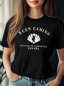 Minimalist Women's Casual Crew Neck T-Shirt - BUEN CAMINO SANTIAGO DE COMPOSTELA SPAIN Graphic T-Shirt Of The Spanish And Cultural Tour, Lightweight Polyester, Spring Summer Collection, Outdoor Leisure Wear. Women's Simple Solid Color T-Shirt, Loose And Slim Fit Casual Short Sleeve - 黑色 - 查看 3
