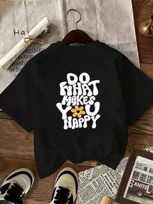 Summer Tops, Reversible Short-Sleeved T-Shirt With Letter Print, Casual Crew Neck T-Shirt, Breathable Machine-Washable Fabric, Comfortable For All Seasons, Easy-Care T-Shirt, Versatile Garment, Soft Material, Made Of Stretch Polyester-Cotton T-Shirt, Women's - Black - View 3