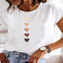 Women's Casual Cotton Round Neck Short Sleeve T-Shirt with Lovely Gradient Heart Print Regular Fit, High Stretch Fabric for Everyday Style - Blanco - Ver 1