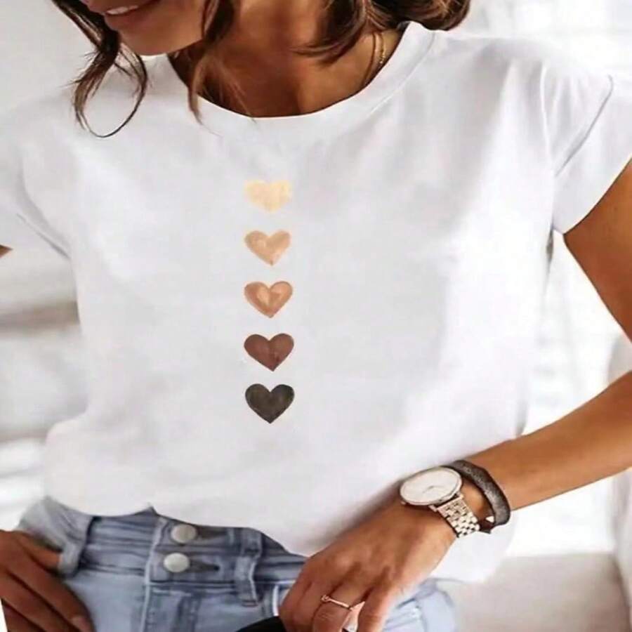 Women's Casual Cotton Round Neck Short Sleeve T-Shirt with Lovely Gradient Heart Print Regular Fit, High Stretch Fabric for Everyday Style - Blanco - Ver 1