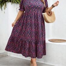 CURVE+ Curve Size US22Music Festival, Seaside Vacation, Bohemia Women's Ditsy Floral Round Neck Short Puff Sleeve Casual Dress, Ladies Summer Sundress - Morado - Ver 5