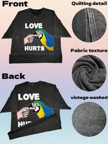 Camiseta unisex vintage lavada, holgada, negra, de manga corta, ropa unisex estampada, diseño de loro mordiendo el corazón, camiseta con estampado de guacamaya azul y dorada, camiseta lavada, talla grande, 6 tallas disponibles. - Negro - Ver 6