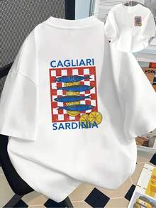 Women's T-Shirts, Summer Tops, Italian Double-Sided T-Shirt For Men | Front With The Text "CAGLIARI SARDINIA" And Back With A Red And Yellow Check Pattern. | Lightweight Summer Short-Sleeved Shirt, Casual, For The Beach And Travel | Machine Washable, Comfortable Fit, Knitted Cotton T-Shirt, Women's - White - View 7