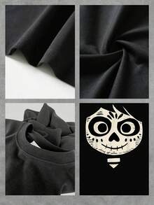 Rostro de calavera sonriente inspirado en el arte del Día de los Muertos que simboliza la vida eterna y la alegría en la memoria de los seres queridos camiseta de mujer  casual cómoda y moderna para uso diario - Negro - Ver 4