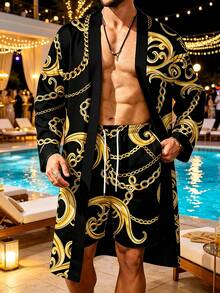 Plus-Size Men's Baroque Chain Print Long Shawl Casual Suit, Made Of 100% Polyester, Featuring A Luxurious Golden Swirl Pattern Kimono-Style Cardigan - Mixed Colors - View 5