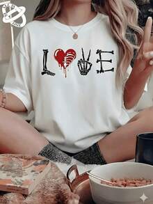 ALL IS ONE Pure Cotton Black T-Shirt With "LOVE" Graphic Of Skeletons And Ribs Heart, Dark Aesthetic Gothic Bones Tee, Oversized Loose Grunge Rock Style Blouse, Dark Valentine's Day Tops - 白色 - 查看 6