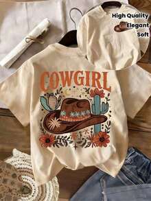 Gift: Women's Pure Cotton Short-Sleeved T-Shirt With A Western Cowboy Hat Print, Stylish And Beautiful, High-Quality, Fashionable, Soft And Comfortable, With An American Retro Style Design, Suitable For Daily Wear/Party Celebrations/Holiday Gifts, Loose And Unique Top - Unisex Cotton Short-Sleeved T-Shirt With A Round Neck And Urban Vintage Style. Soft - 杏 - 查看 1