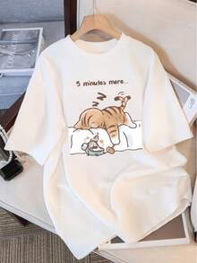 Oversized camiseta de cuello redondo para mujer con ilustración de tigre y gato de dibujos animados - Camiseta blanca elástica, lavable aáquina, cómoda y apta para todas las estaciones. Prenda casual con un diseño divertido y tejido opaco, para un look relajado y alegre. - Blanco - Ver 1