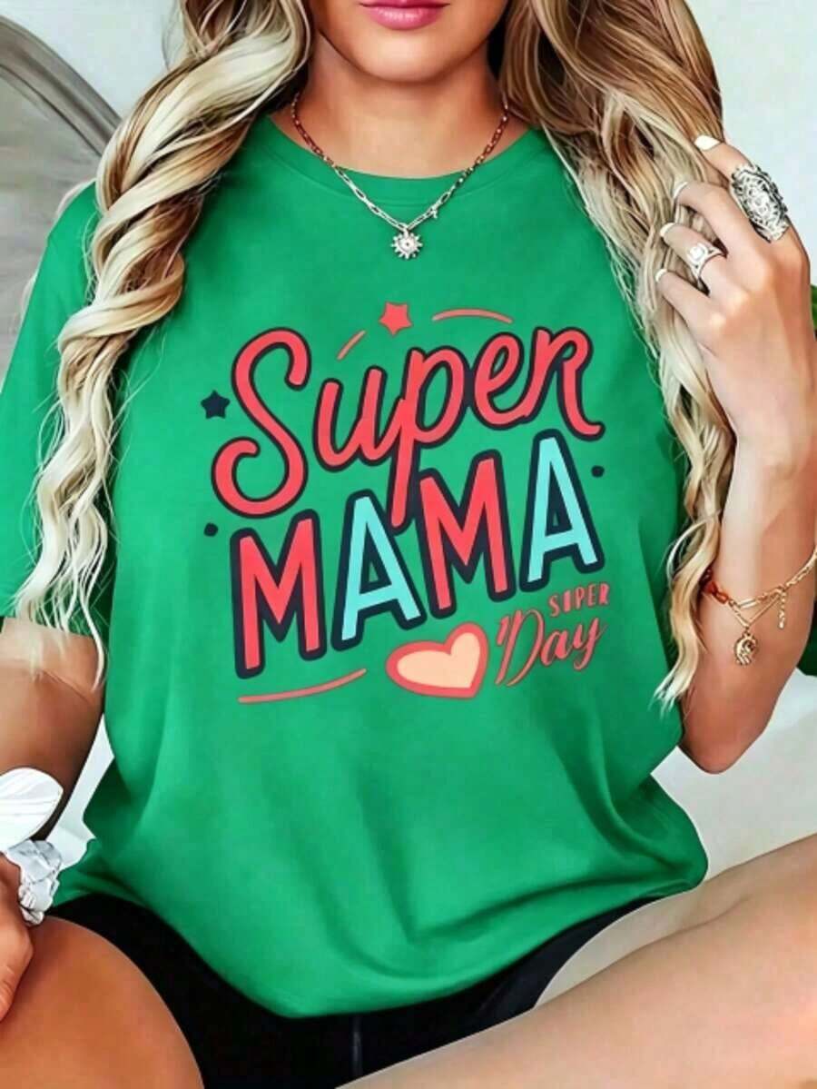 Solt Nueva camiseta de algodónCamiseta de Mujer Super Mama - Talla Grande Negra Manga Corta Cuello Redondo con Letras Super Mom & Huella, Diseño Corazón Rosa Rojo - Regalo para el Día de la Madre, Corte Casual, Uso Durante Todo el Año para Super Mamás &Women's short-sleeved printed T-shirtEl mejor regalo para mamá en el Día de la Madre. Adecuado como regalo. playera de mujer. blusas>designo gráfico elegante - Verde - Ver 1