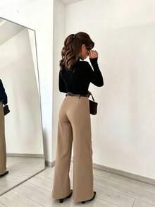 SMILE CHI 2026 Spring/Summer New Women's Casual Elastic Straight-Leg Pants, Versatile, Flattering, Breathable & Comfortable Fabric, Suitable For Commuting, Office Wear (Belt Not Included) - Khaki - View 6