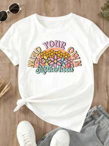 Camiseta de Cuello Redondo para Mujer con Estampado Floral de Arcoíris, Estilo Casual de Verano - Blanco - Ver 3