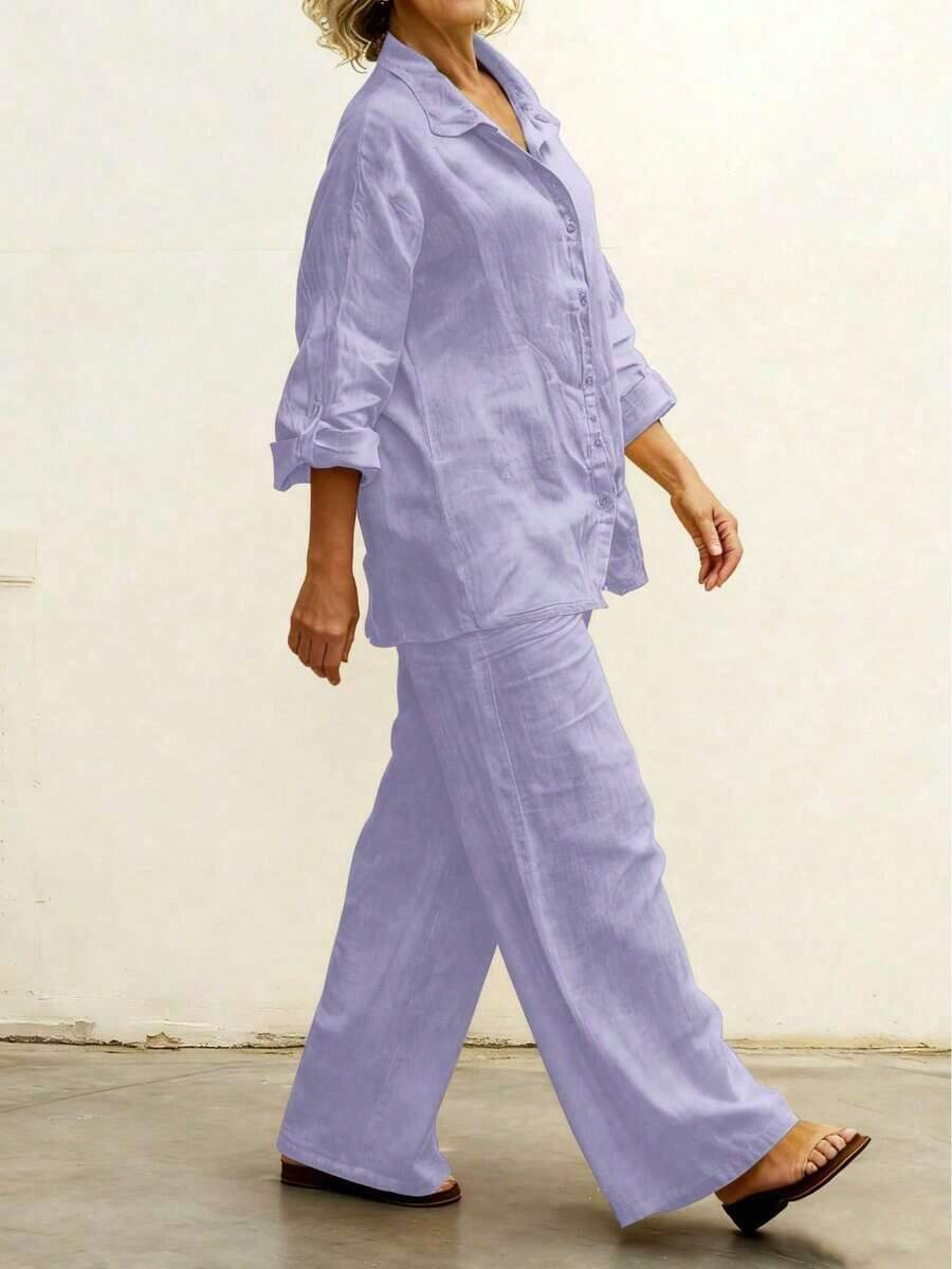 Cardigan casual con cuello polo ligero, blusa elegante de unicolor versátil adecuada para la playa, el diario, el trabajo, las compras, de tela suave, pantalones sueltos con cintura elástica, conjunto de 2 piezas, primavera/verano/otoño - Morado - Ver 1