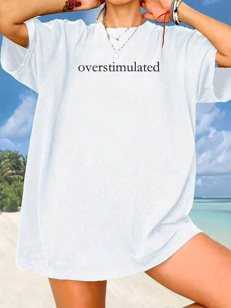 Comfortable Women's Summer Short T-Shirt With Letter Print And Round Neck, Summer Tops. - White - View 1