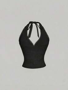 Blusa de cuello halter de unicolor con encaje de contraste para mujer - Negro - Ver 4