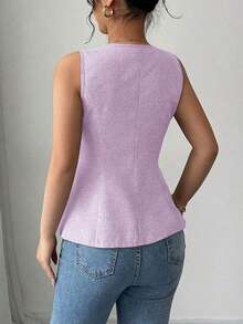 Blusa exterior con cuello en V ajustada con decoración de botones dorados con rosas - Morado - Ver 2