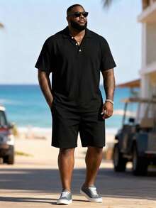 Plus Size Men's Summer Solid Color Short Sleeve Shorts 2-Piece Set, Men's Plus Size Polo Outfit - Black - View 6