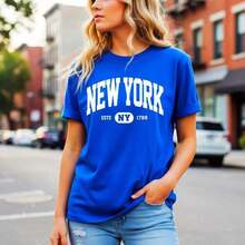 Women's Cotton T-Shirt With "NEW YORK ESTD 1788" Print, Classic Round Neck, Short Sleeve, Casual Style, Loose Fit, Sizes S-5XL, Vintage Letter Print For Everyday Wear, In Black And White. - 藍色 - 查看 1