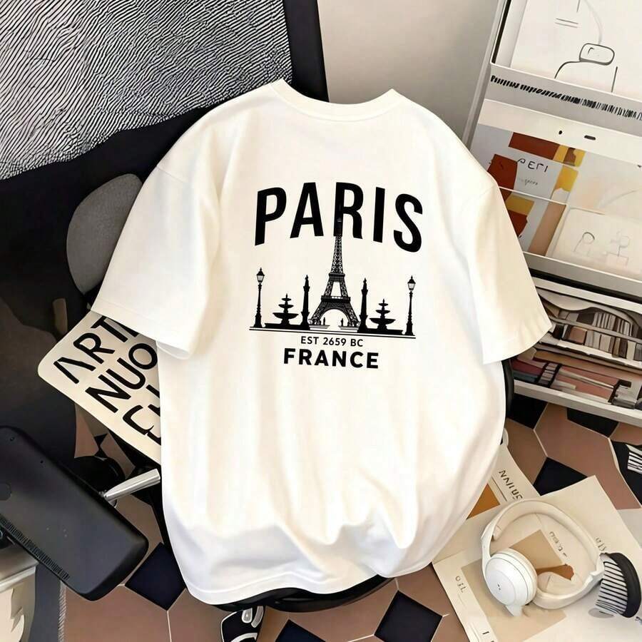 Women's Oversized T-Shirt With Retro Graphic Print Of The Eiffel Tower Of Paris, French Cityscape Design, Casual Daily Wear, Loose Fit, Machine Washable, Stylish Women's Top | Casual Everyday Top - 白色 - 查看 1
