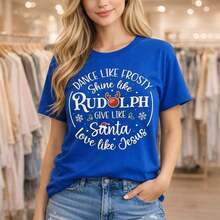 Women's Plus Size Cotton Christmas Print T-Shirt, M-5XL, With The Print "Dance Like Frosty, Shine Like Rudolph, Give Like Santa, Love Like Jesus", Loose Fit, Short Sleeve, Casual Style For Christmas Parties. - 藍色 - 查看 12