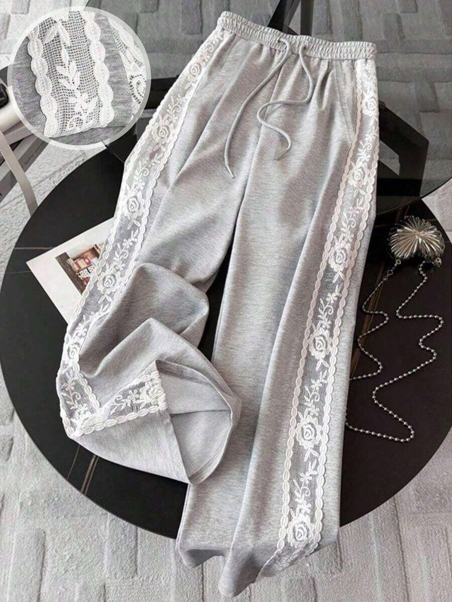 Pantalones rectos de corte holgado para mujer con ribete de encaje - Gris Claro - Ver 1