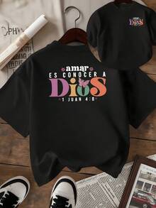 Frases coloridas que expresan amor y fe con inspiración espiritual transmite energía positiva y esperanza con una mariposa que simboliza transformación y conexión divina camiseta de mujer estampado doble casual cómoda - Negro - Ver 8