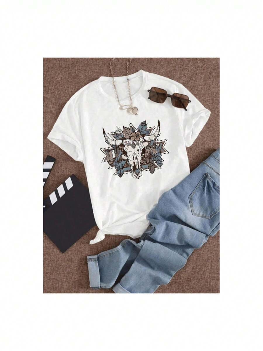 Women's T-Shirt With Cow Head Leaf Graphic Print, Casual Loose-Fitting Short-Sleeve Sports T-Shirt - 白色 - 查看 1