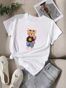 Camiseta De Manga Corta Con Estampado De Oso De Dibujos Animados Para Mujer - Blanco - Ver 1