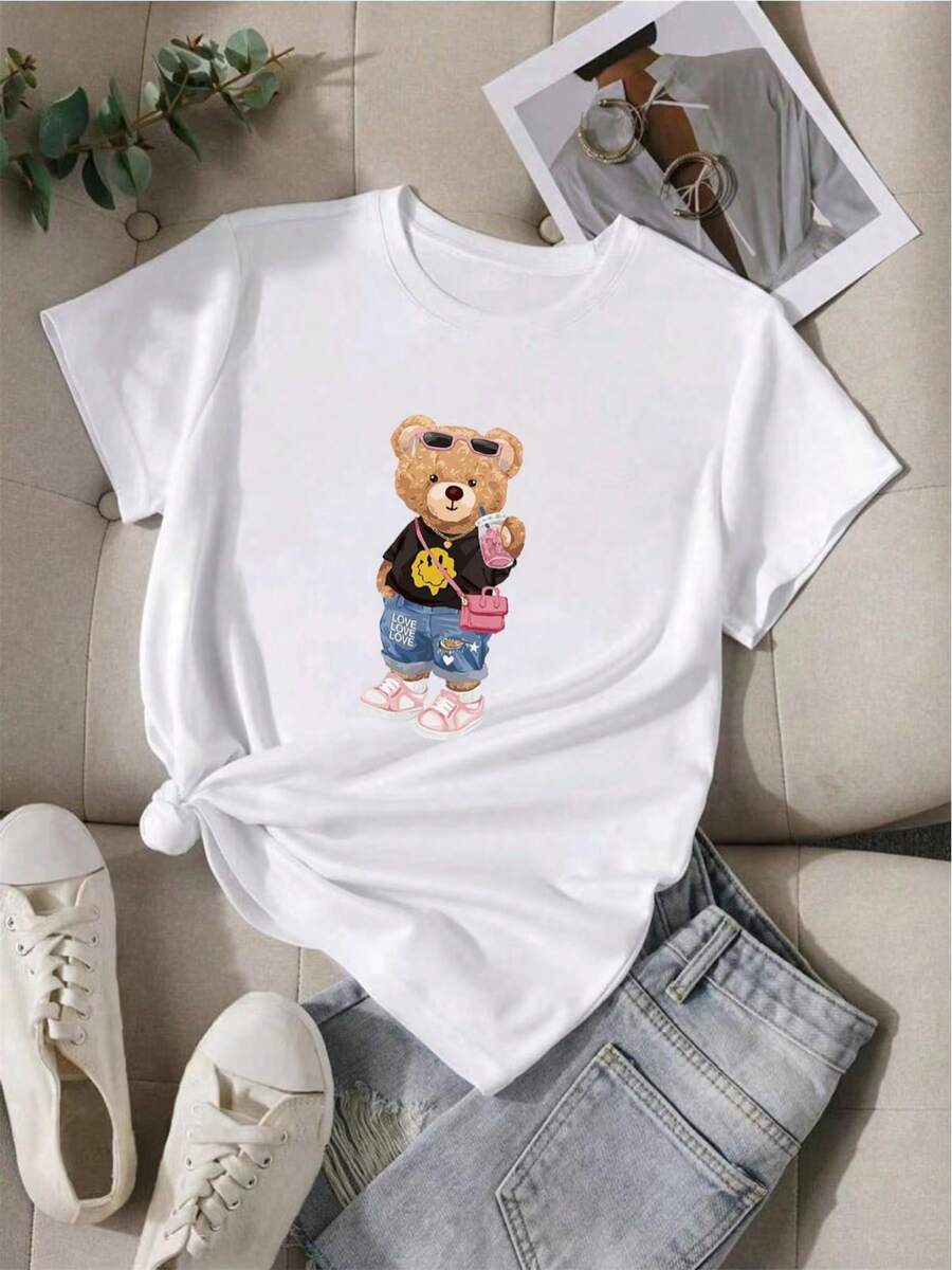 Camiseta De Manga Corta Con Estampado De Oso De Dibujos Animados Para Mujer - Blanco - Ver 1