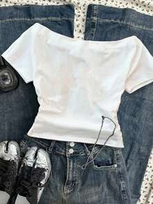 Camiseta de manga corta ajustada con hombros descubiertos y pliegues en la cintura, con estampado de limón, adecuada para el verano - Blanco 5 - Ver 3