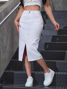 Falda casual de línea A de mezclilla de longitud media con bolsillos y abertura para mujer - Blanco - Ver 7