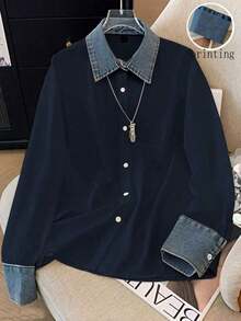 Camisa de efecto de mezclilla de parchwork casual para mujer, otoño/invierno - Azul marino - Ver 6