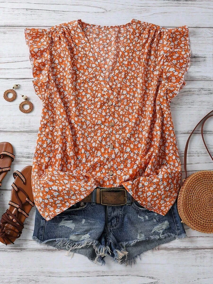 Clasi Blusa de mujer de verano con cuello en V y mangas cortas con estampado floral - Naranja - Ver 1