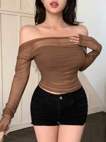 Blusa de mujer de malla elástica transparente con hombros descubiertos, blusa de manga larga para mujer de primavera/verano - Marrón - Ver 4